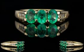 Ladies - 9ct Yellow Gold 3 Stone Emerald and Diamond Set Ring, The Three Emeralds of Good Colour,