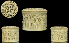 Japanese - Superb Carved Ivory Small Circular Lidded Box, Profusely Carved with Images of Figures,