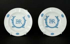Wedgwood of Ethuria and Barlaston backstamp. Two round Queensware ashtrays Coronation 1953 blue