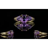 Ladies - Nice Quality and Attractive 9ct Gold - 3 Stone Amethysts Set Dress Ring,