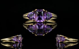 Ladies - Nice Quality and Attractive 9ct Gold - 3 Stone Amethysts Set Dress Ring,