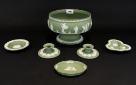 A Collection Of Wedgwood Green Jasperware Items Six items in total to include, large footed bowl,