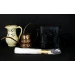 Collection Of Collectables To Include Puzzle Jug, Copper Watering Can, Fan and Binoculars.