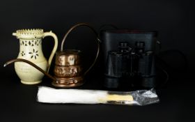 Collection Of Collectables To Include Puzzle Jug, Copper Watering Can, Fan and Binoculars.