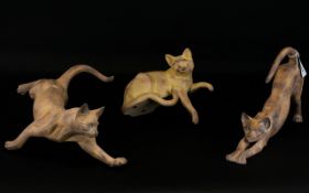 Set of Three Decorative Carved Wood Cat Figures, made to resemble soapstone.