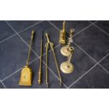 Brass Companion Set and Pair of Brass Candlesticks