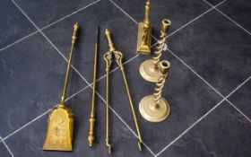 Brass Companion Set and Pair of Brass Candlesticks