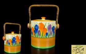 Clarice Cliff Large Hand Painted Round Shaped Lidded Biscuit Barrel, In The ' Crocus ' Design.