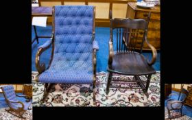 A Beechwood Framed Rocking Chair Button backrest and seat, padded armrests in blue jacquard fabric,