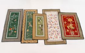 A Collection Of Oriental Embroidered Silk Panels Five items in total, each circa early 20th century,