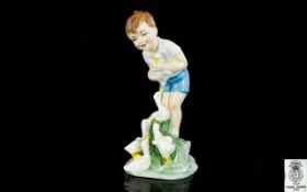 Royal Worcester Hand Painted Figurine ' Young Farmers Boy ' ' Johnnie ' White Shirt & Blue Shorts.