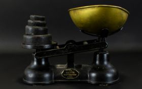 Traditional Brass Kitchen Scales Comprising Eight weights,
