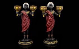 A Small Pair of Early and Impressive 20th Century Hand Painted Black amour Figural Candle Holders,