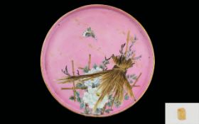 Oriental Ceramic Charger Large circular tray in pink glazed ceramic decorated with floral and
