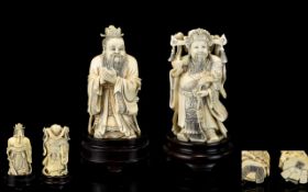 Japanese Pair of Superb Quality Carved and Signed Ivory Okimono Figures of Importance,