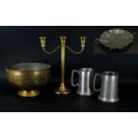 Mixed Lot Of Metalware, Comprising Middle Eastern Brass Footed Bowl, Candelabrum,