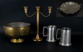 Mixed Lot Of Metalware, Comprising Middle Eastern Brass Footed Bowl, Candelabrum,