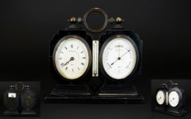 F H Tritschler Paris Ebonised and Brass Cased Desk Clock/ Aneroid Barometer With Thermometer.