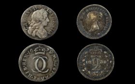 Charles II Maundy Silver 2 Pence - Date 1679 + Victoria Silver Two Pence - Date 1838.