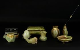 A Collection of Green Onyx Decorative Items (9) in total.