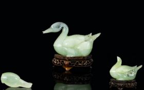 Chinese Pair of Hand Carved Early 20th Century Natural Celadon Jade Mandarin Duck Figures /