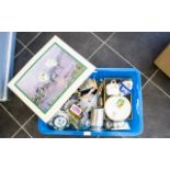 Box of Misc Collectables, Includes Glassware, Metalware, Jugs, Miniature Tea set,