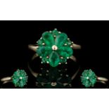 Ladies - 9ct Gold Emerald Set Cluster Ring. Flower head Setting.