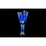 Blue Opalescent Handkerchief Vase With Applied Silvered Frog Climbing The Stem. Unmarked.
