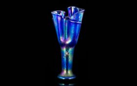 Blue Opalescent Handkerchief Vase With Applied Silvered Frog Climbing The Stem. Unmarked.