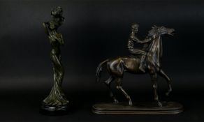 2 Bronzed Figures, Comprising 1/ Jockey and a Horse Galloping, Mounted on Plinth. Approx 12 Inches