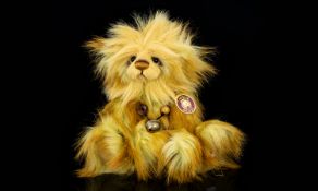 Charlie Bears Long Pile Plush Fur Teddy Bear - Name ' Goldust ' with Beads and Bell Necklace.
