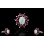 9ct White Gold Attractive Opal and Garnet Set Cluster Ring. Flower head Setting. Ring Size - N.