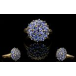 Ladies Attractive 9ct Gold - Amethyst Set Cluster Dress Ring, Flower Setting.