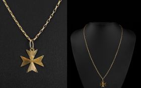 9ct Gold Maltese Cross / Style Pendant Drop, with Attached 9ct Gold Belcher Chain.