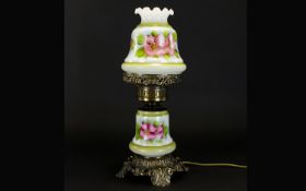 A Decorative Brass and Ceramic Oil Lamp, Raised on ornate brass footed base with central, floral