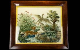 Victorian Framed Tapestry Petit Point Hunting Scene Depicting Two Dogs 18 x 23 Inches.