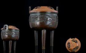 Chinese Qing Period Bronze Tripod Censor with Later Carved Circular Wooden Cover of Nice Quality.