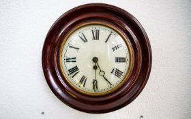 Antique Period Mahogany Cased Railway School Round Dial Wall Clock. c.1900-1910.