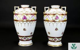 Bavarian Fine Pair of Hand Decorated Quality Porcelain Vases. c.1890 - 1900. Green Crossed Anchors