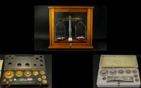 Phillip Harris Ltd Birmingham Apothecary Chemist Scales In Glazed Glass Oak Case. c.1930's.