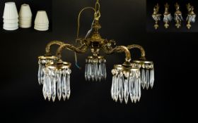 Brass Chandelier Including Matching Pair Of Hanging Wall Lights With Lustre Drops.