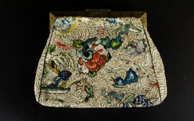 Vintage Chinese Embroidered Evening Bag Clutch bag, circa 1930's with etched gold tone frame and