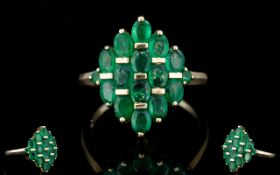 Ladies - 9ct Gold Contemporary Designed and Marquise Shaped Emerald Set Cluster Ring.