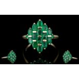 Ladies - 9ct Gold Contemporary Designed and Marquise Shaped Emerald Set Cluster Ring.