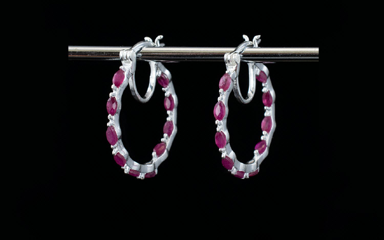 Ruby Hoop Earrings, marquise cut rubies