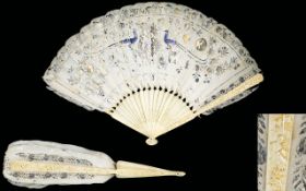 Antique Oriental Bone And Feather Fan Ci