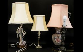 A Collection of Table Lamps to include a bronzed figural maiden, a porcelain Japanese Beauty,