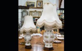 Two Large Decorative Table Lamps with a ceramic base with floral decoration and beige shades with