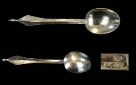 Chinese 19thC Superb Silver Medicine Spoon with very ornate Engraved handle and plain hammered bowl.