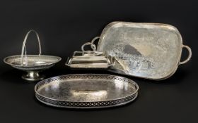 Four Pieces Of Silver Plated Wear Comprising Two Serving Trays, Swing Basket,